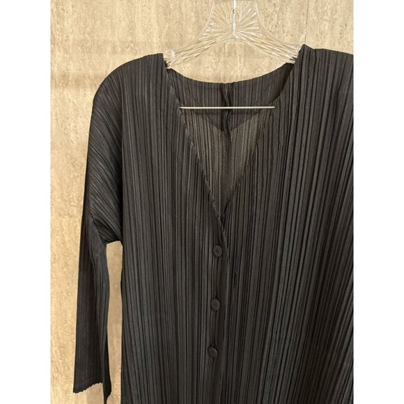 Pleats Please Issey Miyake Black Long-Sleeve Button-Front Pleated Dress Womens S - Picture 7 of 7